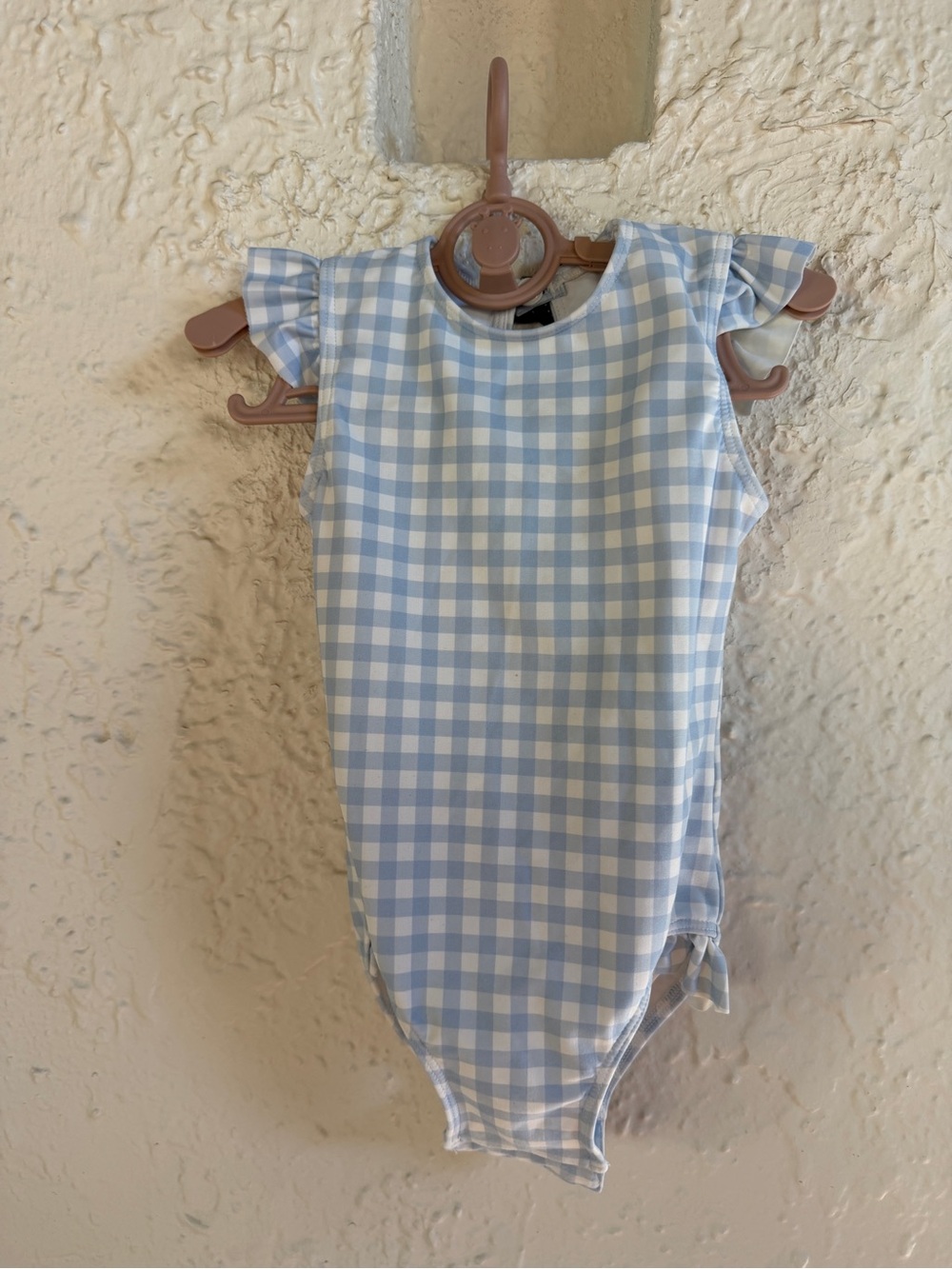 Minnow size 2T like new lt Blue Gingham One-Piece Swimsuit with Flutter Sleeves